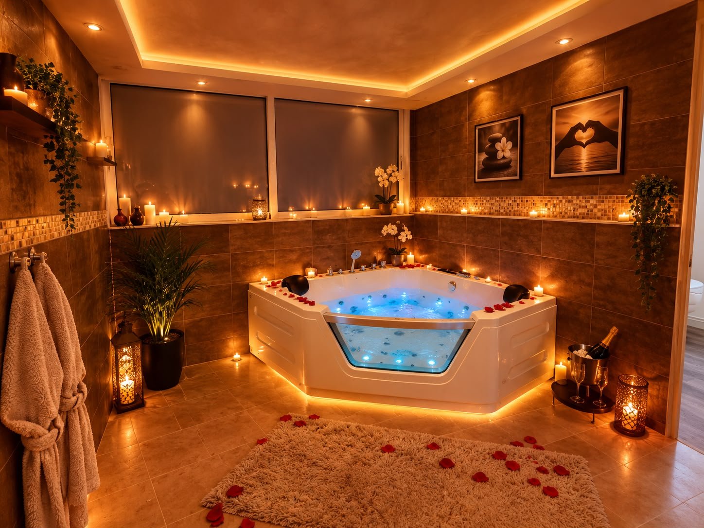 La baignoire balnéo privative, éclairée en bleu, entourée de bougies et de pétales de rose