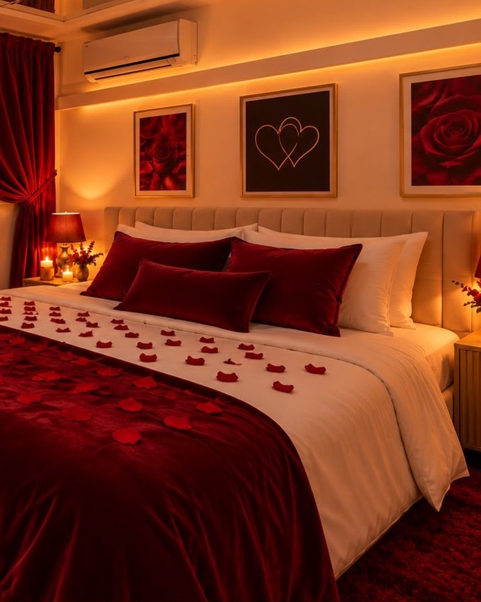 Lit de 160 cm aux coussins de velours rouge