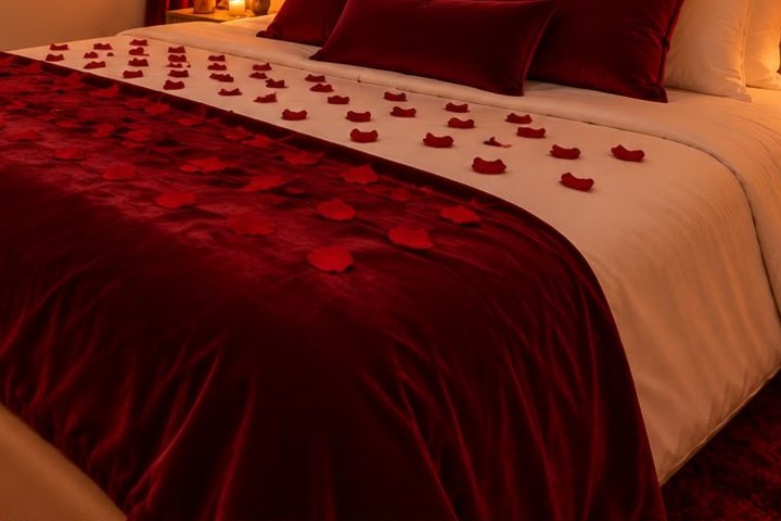 Pétales de rose sur le lit